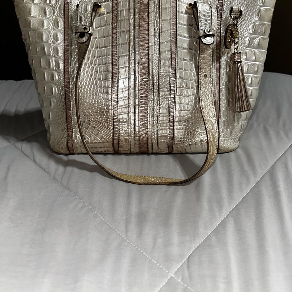 Brahmin Cream and Tan Crocodile-Embossed Tote
